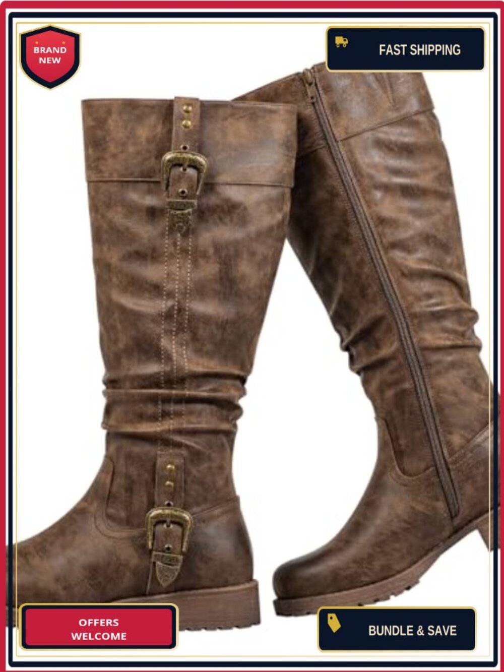 Faux Leather Knee High Boots with Stretch Panels & Side Zipper, Low Heel Round